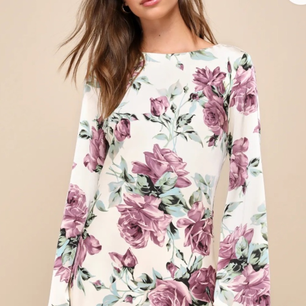 Lulus Sweet RSVP Cream Floral Satin Backless Long Sleeve Mini Dress, Medium